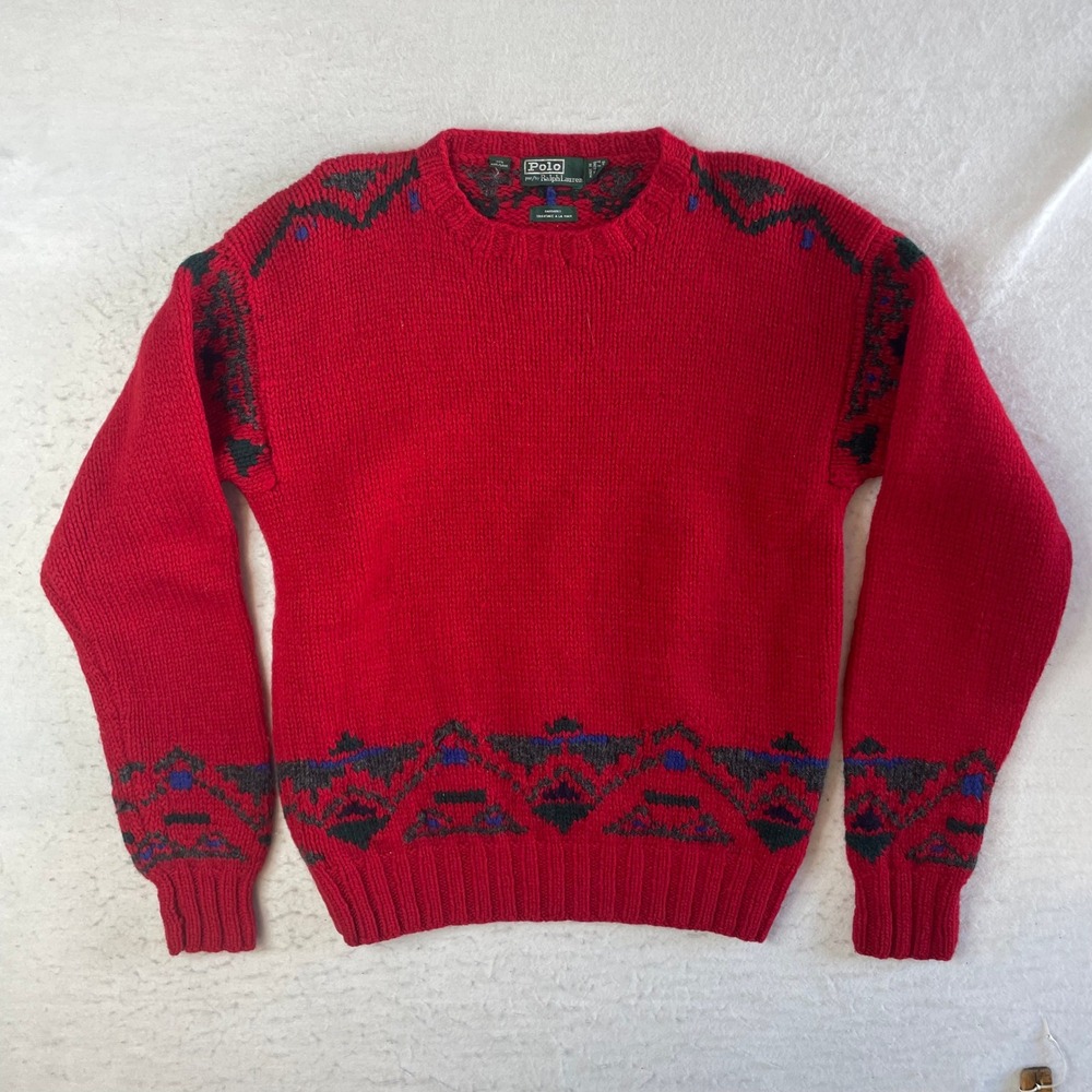 Polo Ralph Lauren Handknit Wool Sweater Mens Small Red Aztec Fair‎ Isle Crewneck